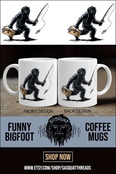 two coffee mugs with the image of a gorilla holding a fishing rod and fish