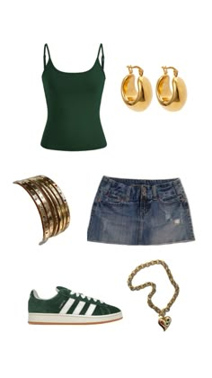 Green tank top with denim skirt and green adidas campus shoes Europe Outfits, Outfit Inspo Summer, Outfit Inspo Casual, Looks Street Style, Summer Fits, Cute Everyday Outfits, Summer Fashion Outfits