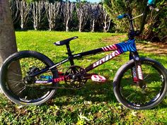 a colorful bike parked next to a tree in the grass near some bushes and trees