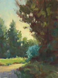 an oil painting of trees and grass on a sunny day