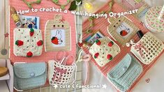 crocheted purses and handbags are displayed on a rack with the words how to crochet a wall hanging organizer