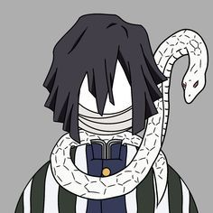 a drawing of a snake wrapped around a man's neck and wearing a striped shirt