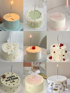 many different types of cakes with candles on them