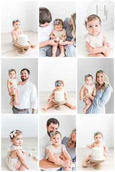 a collage of photos showing people holding their babies and posing for pictures with cake