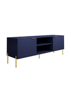 the sideboard with gold legs is blue and has an open shelf on one side