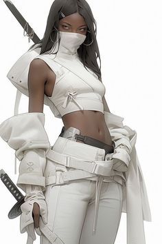 a woman dressed in white holding two swords and wearing a mask with her hands on her hips