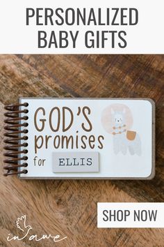 a baby's book with the words god's promises for ellis on it