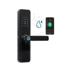 an electronic door lock with two smart phones on the front and one in the back