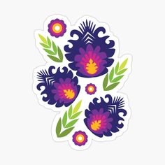 a sticker with purple flowers and green leaves on the bottom, against a white background