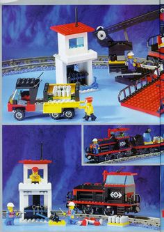 the instructions for lego train set are shown in three different pictures, including an open fire station