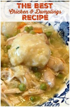 a blue and white bowl filled with chicken and dumplings