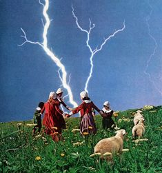 three people holding hands while standing in a field with sheep and lightning bolt behind them