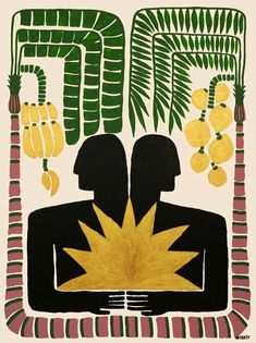 an abstract painting with yellow and green leaves on it's face, surrounded by palm trees