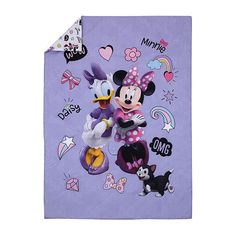 a purple blanket with minnie and mickey mouse on the front, along with other cartoon characters