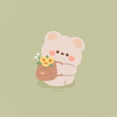 a white bear holding a brown bag with flowers on it