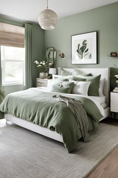 Embrace modern minimalism with a white and sage green bedroom. Find inspiration to keep your space clean and sophisticated. Perfect for a fresh, airy vibe in your home. #MinimalistDesign #ModernBedroom #SageGreen #WhiteBedroom 🖼️🌿✨ Sage Green Bedroom White Furniture, Sea Green Bedroom Ideas, Beige And Sage Bedroom, Bedroom Ideas Green And White, White And Green Room, Sage And White Bedroom, Sage Green Paints, White And Sage Green Bedroom