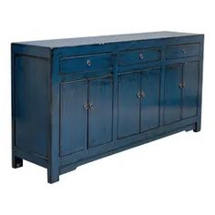 a large blue cabinet with two doors and three drawers on one side, against a white background