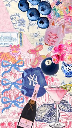 a collage of pink, blue and white items including a bottle of booze