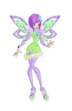 a cartoon fairy with purple hair and green dress holding her hands out to the side