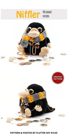 two stuffed animals wearing hats and scarfs on top of coins with the caption's name below them