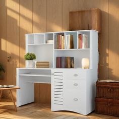 a white desk and bookcase in a room with wooden floors, walls and flooring