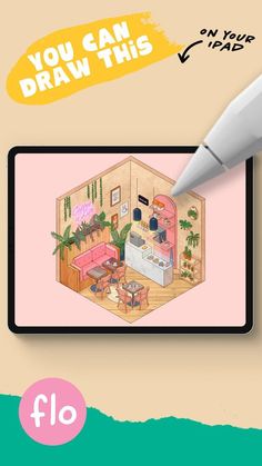 a tablet with an image of a house on it and the text you can draw this