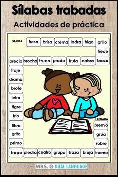 a poster with spanish words and pictures of two children sitting at a table, reading a book