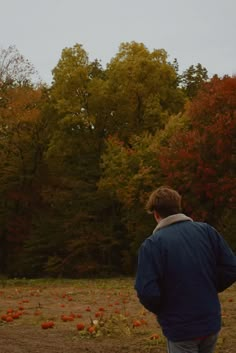 a man is flying a kite in a field with pumpkins and trees behind him