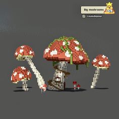 the mushroom house is made out of legos and has three different types of mushrooms on it