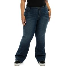 Comfort meets style in these A3 Denim Women's Plus Size High Rise Flare Jeans. With comfort stretch-fabric in a class blue denim wash, these flared-leg jeans hug the hips and thighs before opening up at the leg; featuring four functional pockets for functionality with rivet details for added fashion-forward style. Size: 22W.  Gender: female.  Age Group: adult. Flattering Plus Size Outfits, Womens Flare Jeans, High Rise Flare Jeans, Mid Rise Flare Jeans, Jeans Plus Size, Flare Leg Jeans, Natural Curves, Floral Print Tops, Plus Size Jeans