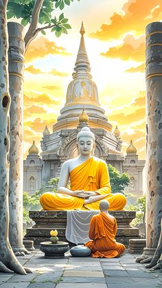 a buddha statue sitting on top of a stone floor next to two trees and an orange sky