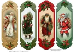 four christmas cards with santa claus and other characters in different colors, sizes and shapes