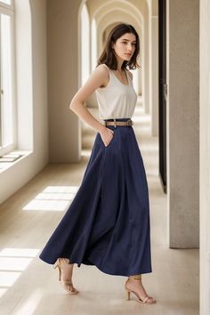 "You'll feel ultra chic and modern wearing the A Line skirt throughout the year, the long skirt will be a prefect on for your summer spring.Can be worn with a white top for a more trendy look. DETAIL *50% Linen, 50% cotton *No Liner *Two side pockets *Back elastic waistband *Right Hidden Zipper closure *Ankle length *Belt model wears is not for sale * Perfect for Summer and spring *Machine Washable in Warm/Cold Water/Do not bleach /Mid-iron /Hang Dry More Color https://etsy.me/3t1IjnY CUSTOM ORDER Can't find your size in our size Chart Chang the Length Your Height is not Between 5'1\" - 5\"9\" Your weight is not Between 47 kg - 75 kg SIZE GUIDE Size vary between Brand and Country Please get your body measurement with our Size Guide And Find your size in our Size Chart SIZE CHART https://ww Flowy Solid Color Maxi Skirt, Wide Leg Pleated Maxi Dress For Summer, Chic Wide Leg Pleated Maxi Dress, Summer Maxi Dress With Pleated Skirt And Wide Leg, Solid Color Maxi Skirt For Summer, Summer Maxi Skirt In Solid Color, Relaxed Fit Solid Color Flared Maxi Skirt, Relaxed Maxi Skirt For Work, Spring Solid Color Long Maxi Skirt