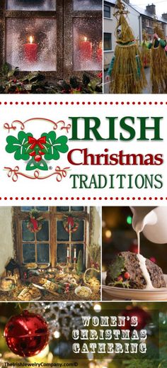 the cover of irish christmas traditionss, with pictures of decorations and lights in them