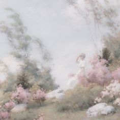 a painting of a woman in a white dress standing on a hill surrounded by flowers