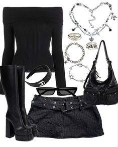 Evanescence Inspired Outfits, 2000s Rockstar Outfits, Stargirl School Outfits, Y2k Rockstar Gf Outfits, Black And White Y2k Outfits, Outfit Idea Layout, Rockstar Gf Shoes, Outfit Ideas Rockstar Gf, Gothic Y2k Fashion