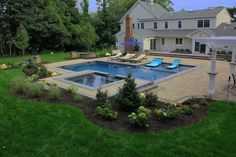 a backyard with a swimming pool surrounded by landscaping