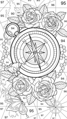 a coloring page with roses and a compass