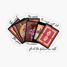 five cards with the words, and four pictures on them in different colors sticker