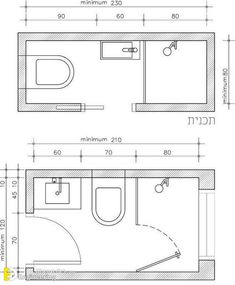 two drawings of a bathroom with toilet, sink and shower in the same drawing style