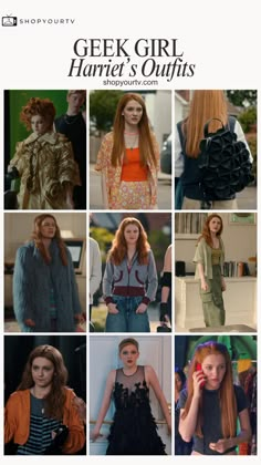 several pictures of different women with long red hair and wearing clothes, one is in the middle