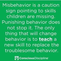 a green background with the words misbehavor is a caution sign pointing to skills children are missing