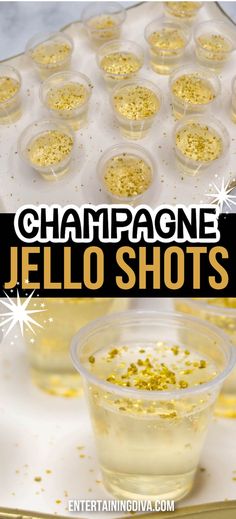 champagne jello shots in plastic cups on a tray with gold sprinkles