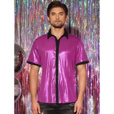 Check out this stunning Shiny Design Color Block Collared Short Sleeves Button Down Closure Nightclub shirt! The sparkling disco button-down shirt is designed to show off your figure and make your style stand out. It's the perfect choice for a night out at a club, a lively party, or a dazzling dancing performance. You can elevate your look by pairing this shiny shirt with faux leather pants and a metallic coat for a touch of glamour.