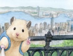 a drawing of a hamster looking over a fence with the city in the background