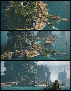 three different views of an island in the middle of the ocean with ships and buildings on it