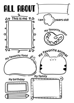 an all about me coloring page for kids with pictures and words to color on it