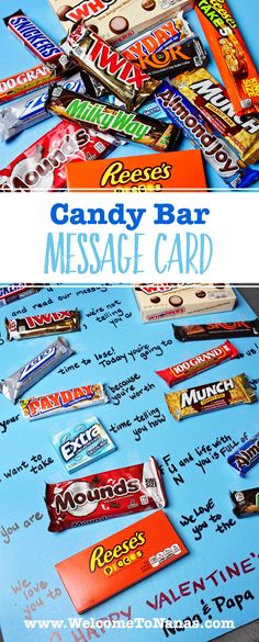 candy bar message card on a blue table