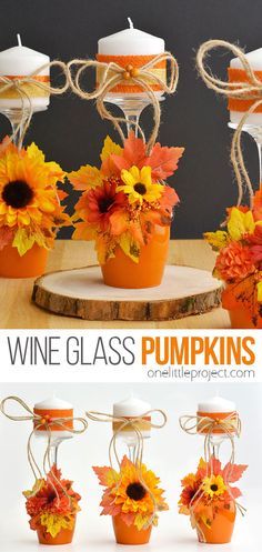 wine glass pumpkins decorated with sunflowers and twine for centerpieces