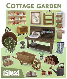 an illustration of a cottage garden with various items and tools to build the house in it